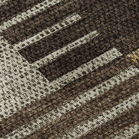 5' X 8' Chocolate Beige And Gold Striped Washable Area Rug With UV Protection