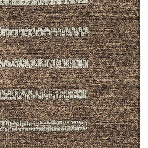 5' X 8' Chocolate Beige And Gold Striped Washable Area Rug With UV Protection
