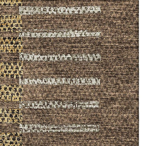 5' X 8' Chocolate Beige And Gold Striped Washable Area Rug With UV Protection