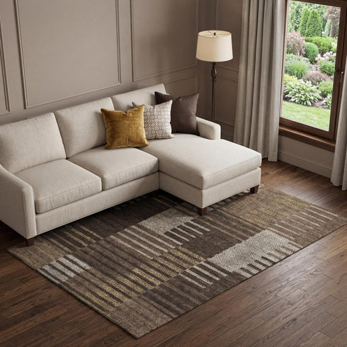 8' X 10' Chocolate Beige And Gold Striped Washable Area Rug With UV Protection