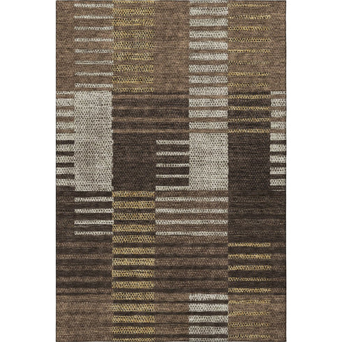 8' X 10' Chocolate Beige And Gold Striped Washable Area Rug With UV Protection