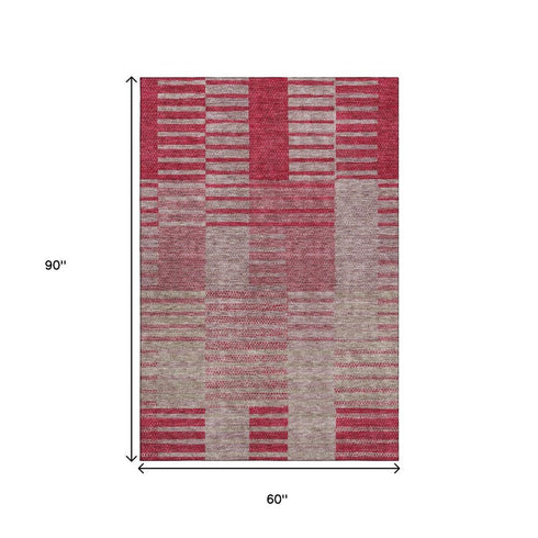5' X 8' Burgundy And Gray Striped Washable Area Rug With UV Protection