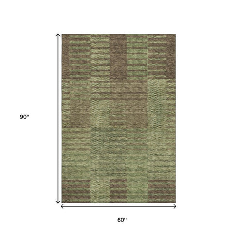 5' X 8' Coffee And Green Striped Washable Area Rug With UV Protection