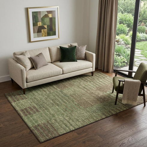 5' X 8' Coffee And Green Striped Washable Area Rug With UV Protection