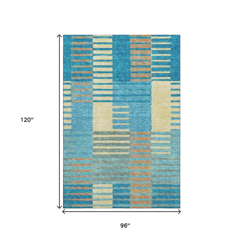 8' X 10' Teal Orange And Gold Striped Washable Area Rug With UV Protection