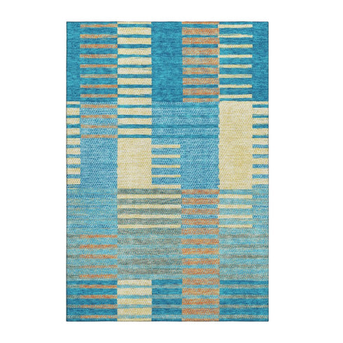 8' X 10' Teal Orange And Gold Striped Washable Area Rug With UV Protection
