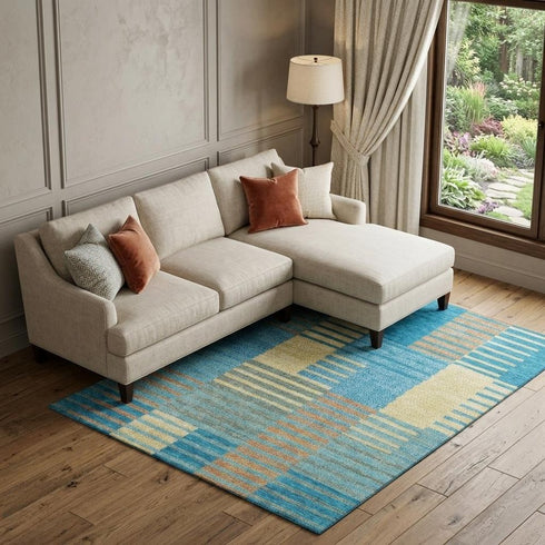 8' X 10' Teal Orange And Gold Striped Washable Area Rug With UV Protection