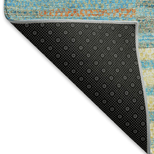 8' X 10' Teal Orange And Gold Striped Washable Area Rug With UV Protection