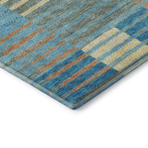 8' X 10' Teal Orange And Gold Striped Washable Area Rug With UV Protection