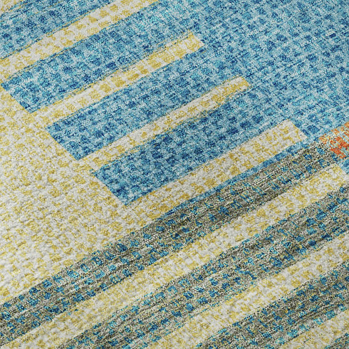 8' X 10' Teal Orange And Gold Striped Washable Area Rug With UV Protection