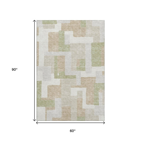 5' X 8' Beige Ivory And Taupe Geometric Washable Area Rug With UV Protection