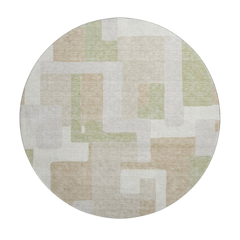 8' Beige Ivory And Taupe Geometric Washable Round Rug With UV Protection