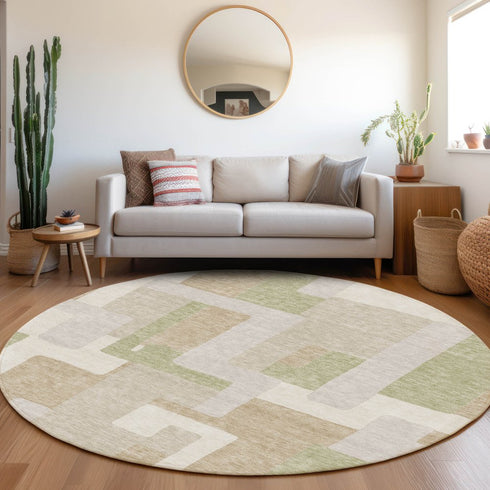 8' Beige Ivory And Taupe Geometric Washable Round Rug With UV Protection