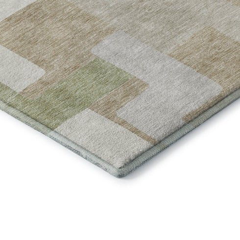 8' Beige Ivory And Taupe Geometric Washable Round Rug With UV Protection