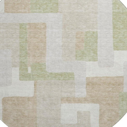 8' Beige Ivory And Taupe Geometric Washable Round Rug With UV Protection