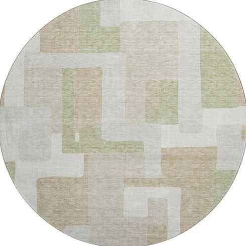 8' Beige Ivory And Taupe Geometric Washable Round Rug With UV Protection