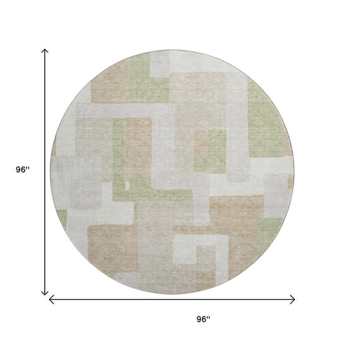 8' Beige Ivory And Taupe Geometric Washable Round Rug With UV Protection
