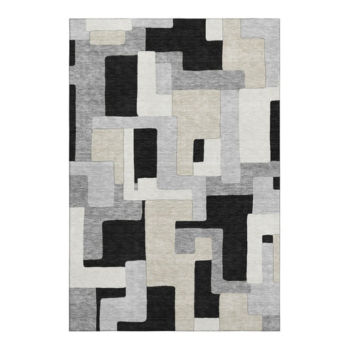 5' X 8' Black Ivory And Beige Geometric Washable Area Rug With UV Protection