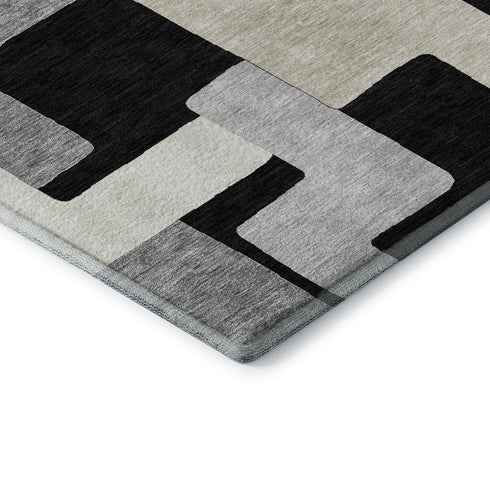 5' X 8' Black Ivory And Beige Geometric Washable Area Rug With UV Protection