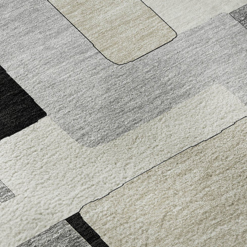5' X 8' Black Ivory And Beige Geometric Washable Area Rug With UV Protection