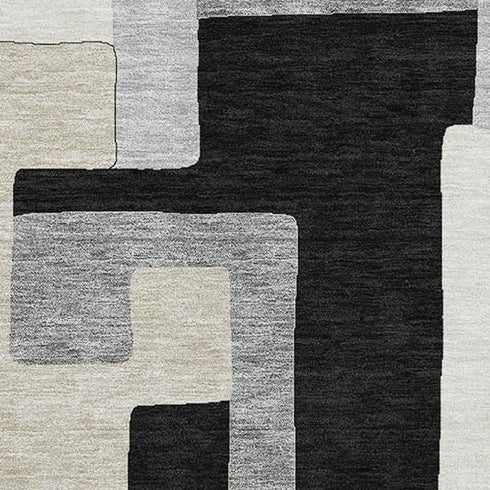 5' X 8' Black Ivory And Beige Geometric Washable Area Rug With UV Protection