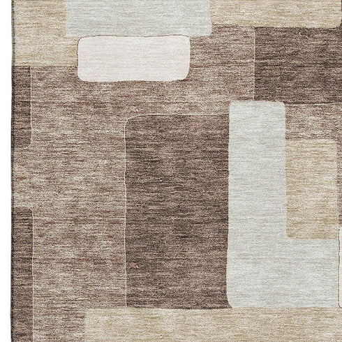 5' X 8' Brown Ivory And Beige Geometric Washable Area Rug With UV Protection