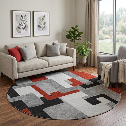 8' Gray Black And Red Geometric Washable Round Rug With UV Protection
