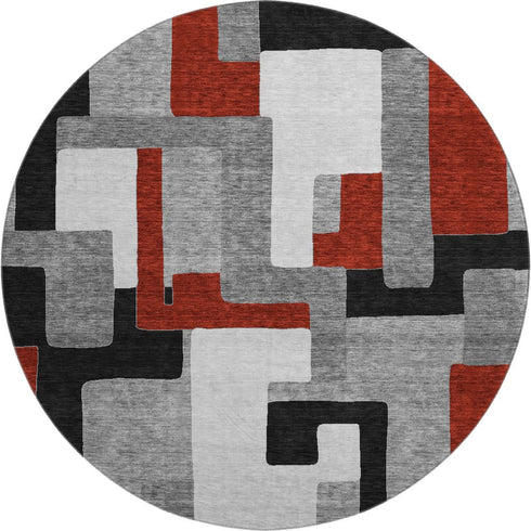 8' Gray Black And Red Geometric Washable Round Rug With UV Protection