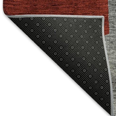 8' Gray Black And Red Geometric Washable Round Rug With UV Protection