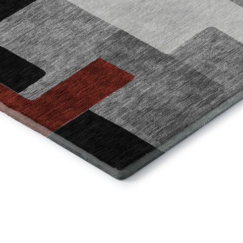 8' Gray Black And Red Geometric Washable Round Rug With UV Protection