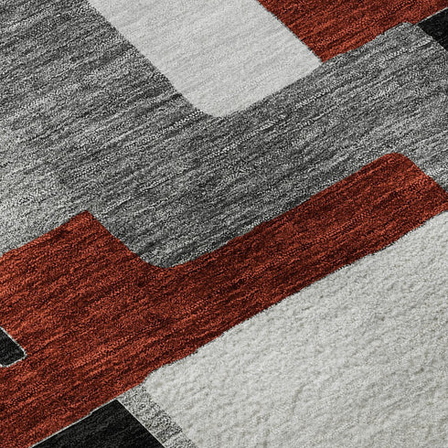 8' Gray Black And Red Geometric Washable Round Rug With UV Protection