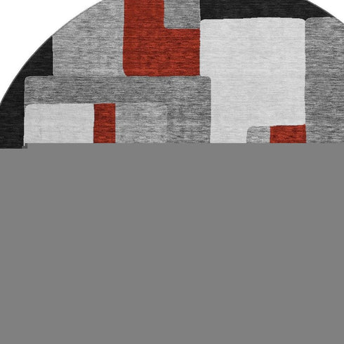 8' Gray Black And Red Geometric Washable Round Rug With UV Protection