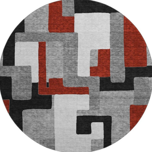 8' Gray Black And Red Geometric Washable Round Rug With UV Protection