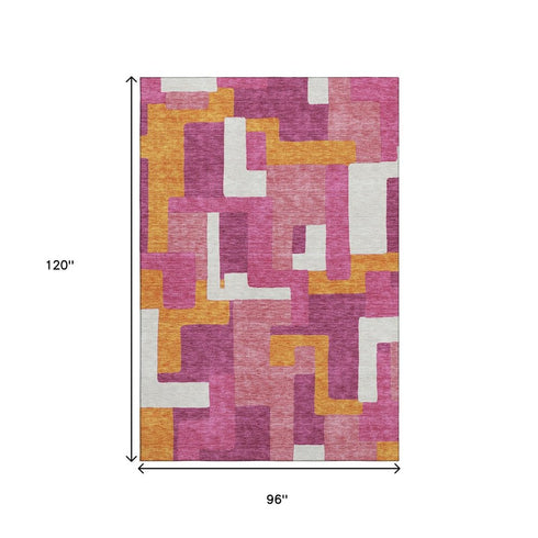 8' X 10' Pink Ivory And Orange Geometric Washable Area Rug With UV Protection