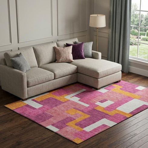 8' X 10' Pink Ivory And Orange Geometric Washable Area Rug With UV Protection
