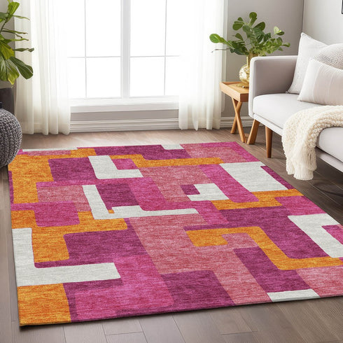 8' X 10' Pink Ivory And Orange Geometric Washable Area Rug With UV Protection
