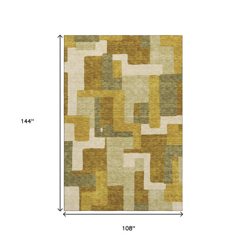9' X 12' Wheat Ivory And Gold Geometric Washable Area Rug With UV Protection