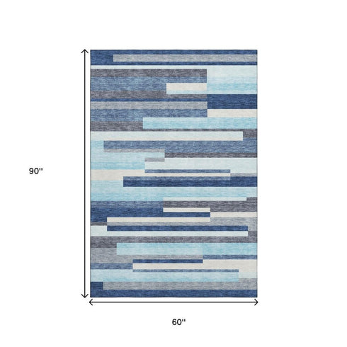 5' X 8' Blue Ivory And Gray Striped Washable Area Rug With UV Protection