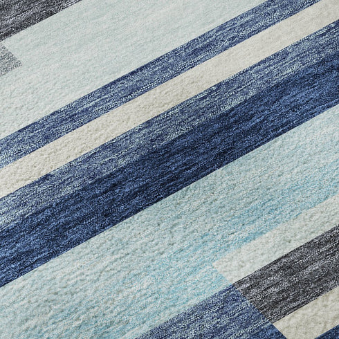 5' X 8' Blue Ivory And Gray Striped Washable Area Rug With UV Protection