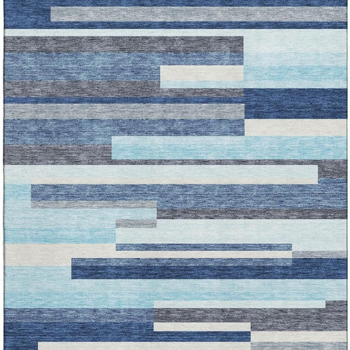 5' X 8' Blue Ivory And Gray Striped Washable Area Rug With UV Protection