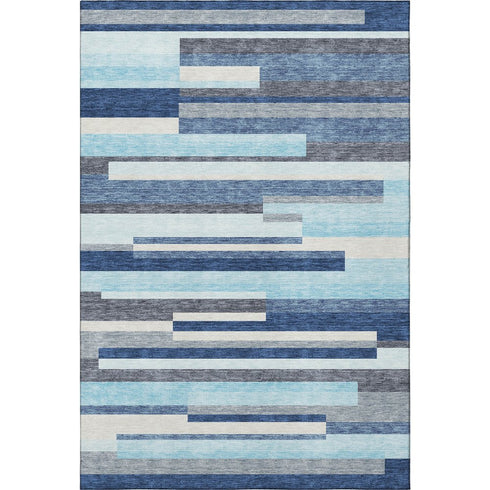 5' X 8' Blue Ivory And Gray Striped Washable Area Rug With UV Protection