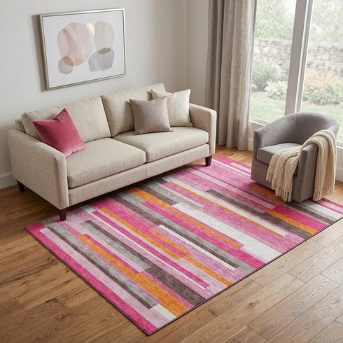 5' X 8' Blush Orange And Gray Striped Washable Area Rug With UV Protection