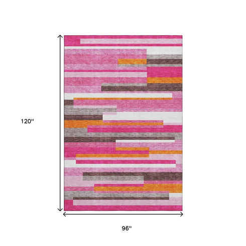 8' X 10' Blush Orange And Gray Striped Washable Area Rug With UV Protection