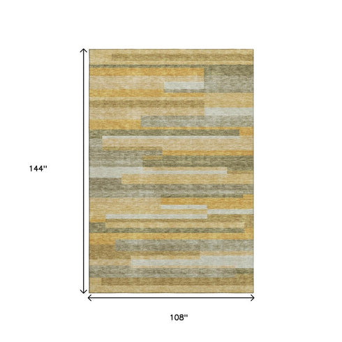 9' X 12' Amber Ivory And Gray Striped Washable Area Rug With UV Protection