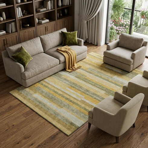 9' X 12' Amber Ivory And Gray Striped Washable Area Rug With UV Protection
