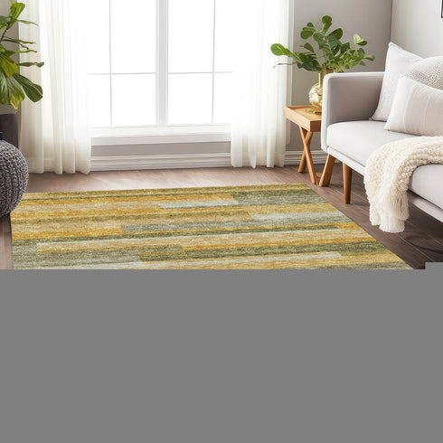 9' X 12' Amber Ivory And Gray Striped Washable Area Rug With UV Protection