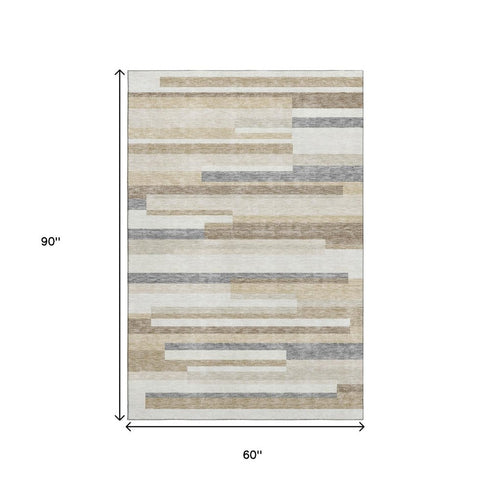 5' X 8' Ivory Gray And Beige Striped Washable Area Rug With UV Protection