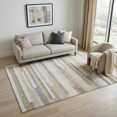 5' X 8' Ivory Gray And Beige Striped Washable Area Rug With UV Protection
