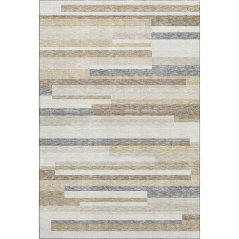 5' X 8' Ivory Gray And Beige Striped Washable Area Rug With UV Protection