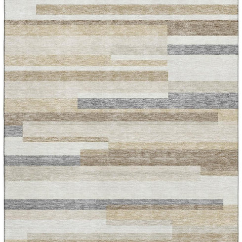 5' X 8' Ivory Gray And Beige Striped Washable Area Rug With UV Protection